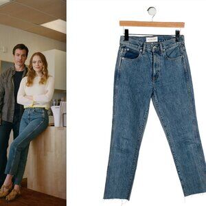 SLVRLAKE midrise straight leg light wash jeans raw hem ASO emma stone